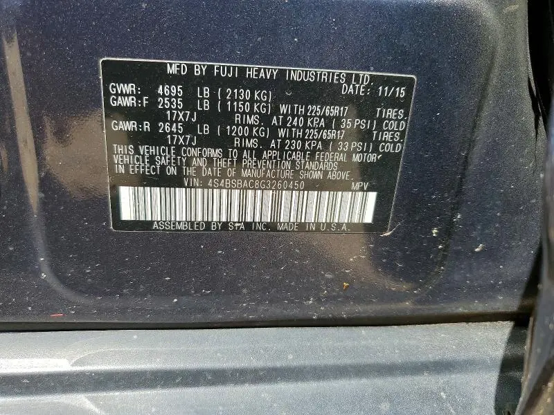 2016 SUBARU OUTBACK 2.5I  