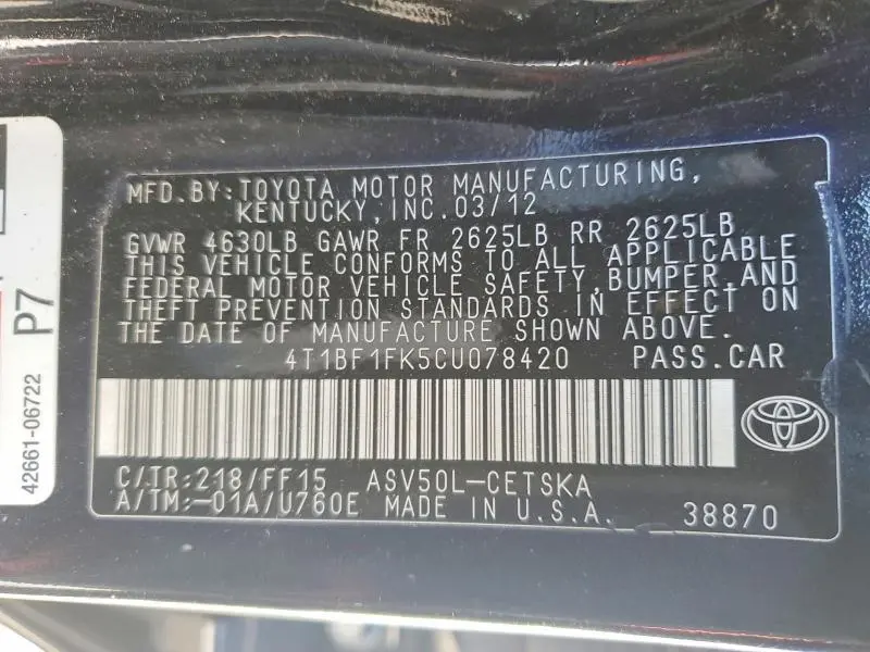 2012 TOYOTA CAMRY BASE  