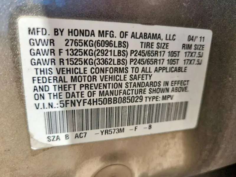 2011 HONDA PILOT EXL  