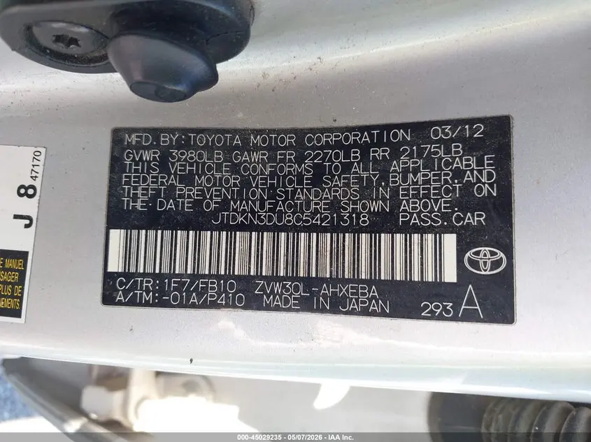 2012 TOYOTA PRIUS TWO