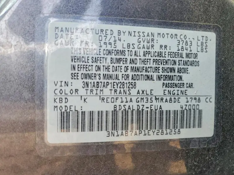 2014 NISSAN SENTRA S  