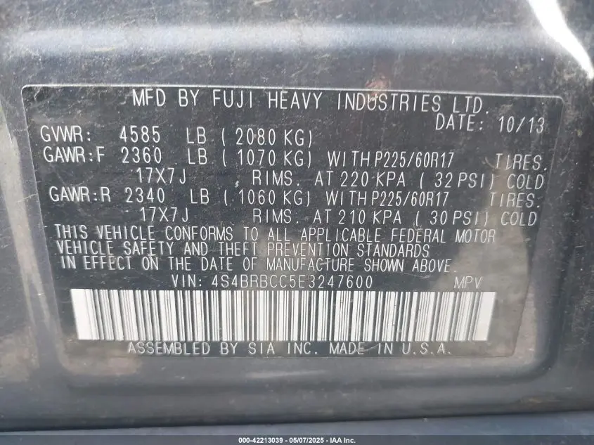 2014 SUBARU OUTBACK 2.5I PREMIUM