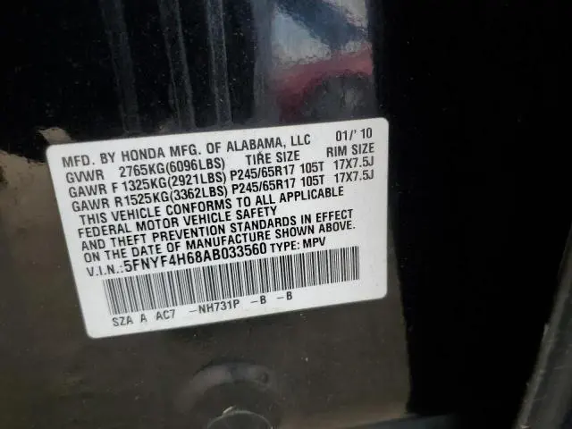 2010 HONDA PILOT EXL  