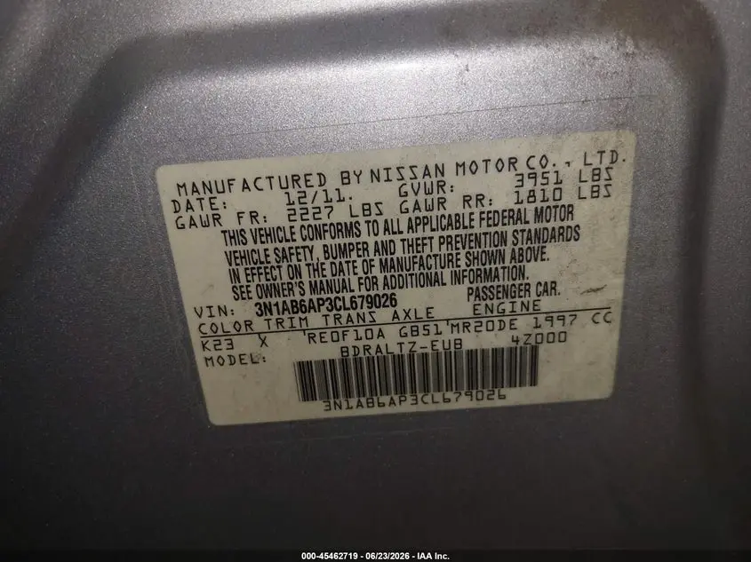 2012 NISSAN SENTRA 2.0 S