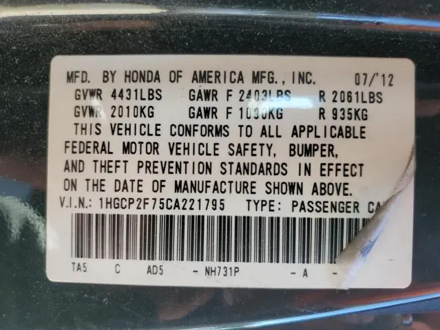 2012 HONDA ACCORD EX  