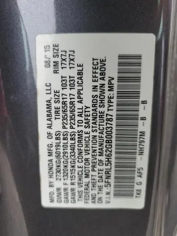 2016 HONDA ODYSSEY EXL  