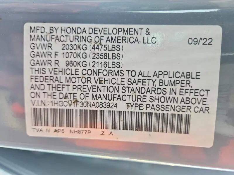 2022 HONDA ACCORD SPORT  