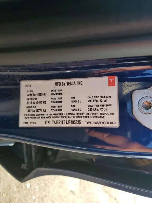 2018 TESLA MODEL 3   
