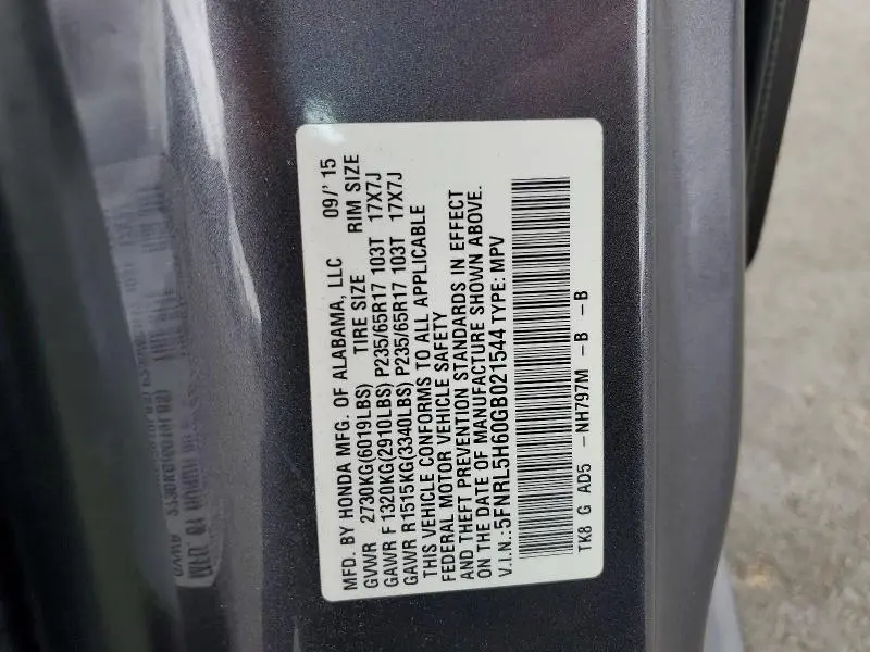 2016 HONDA ODYSSEY EXL  