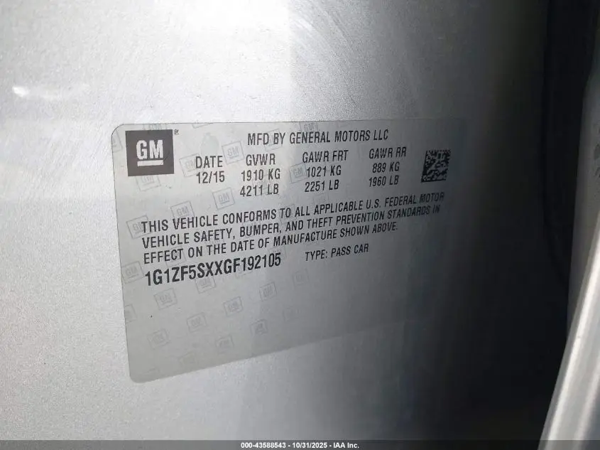 2016 CHEVROLET MALIBU 2LT