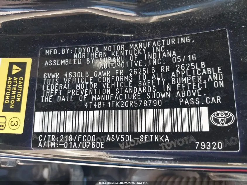 2016 TOYOTA CAMRY LE