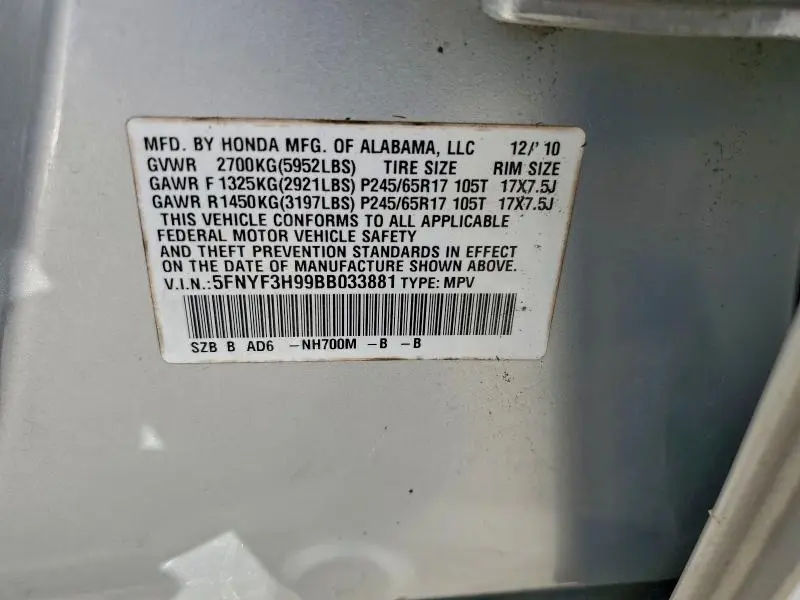 2011 HONDA PILOT TOURING  