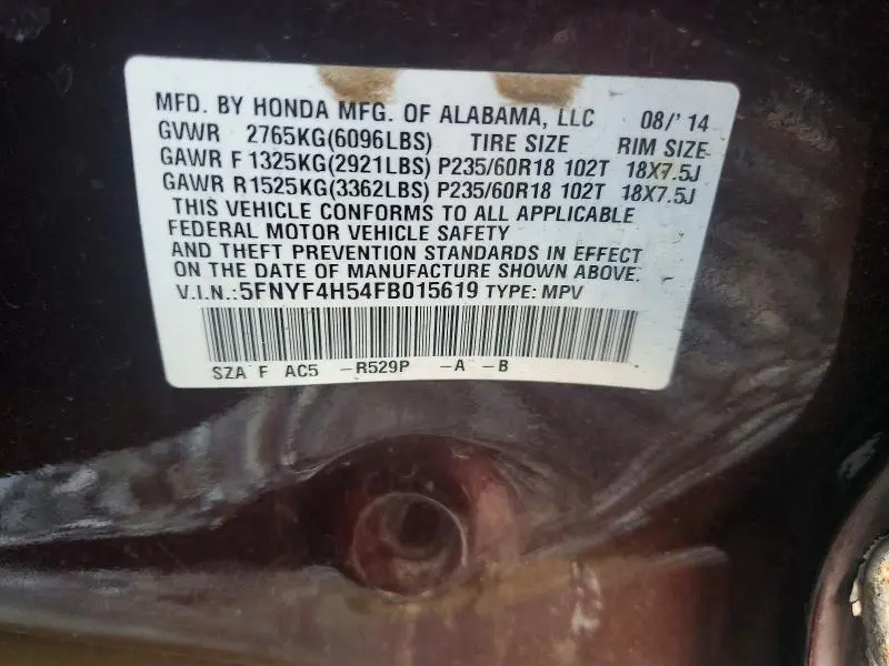 2015 HONDA PILOT EXL  