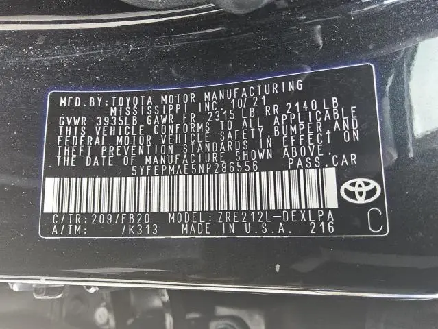 2022 TOYOTA COROLLA LE  