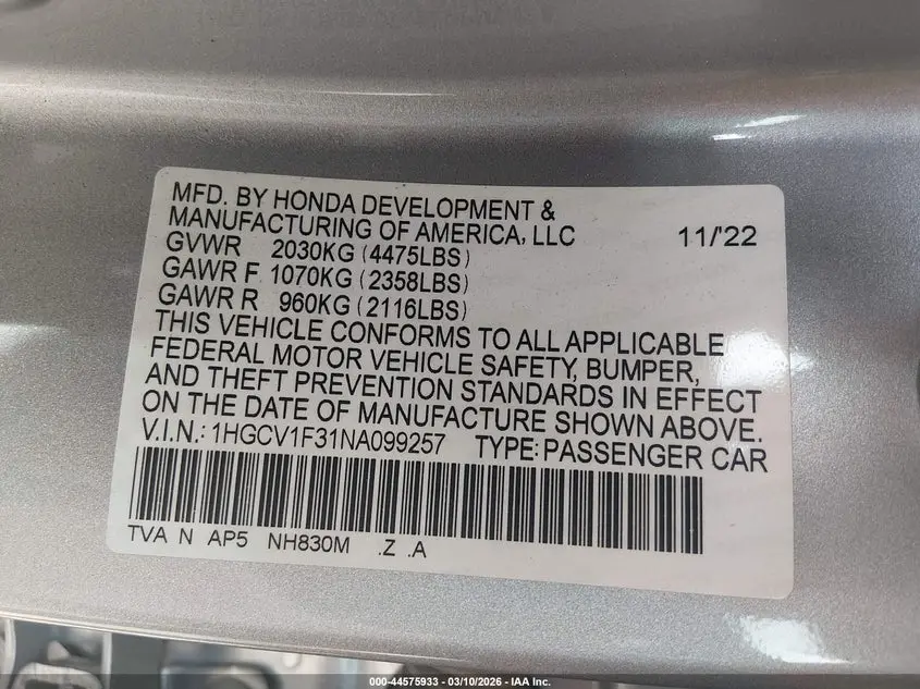 2022 HONDA ACCORD SPORT