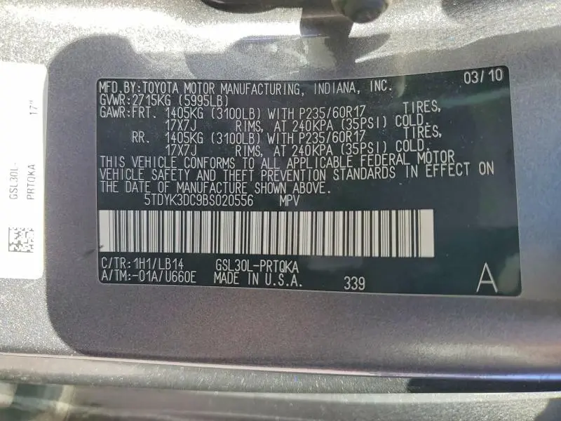 2011 TOYOTA SIENNA XLE 8-PASSENGER  