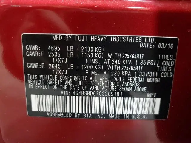 2016 SUBARU OUTBACK 2.5I PREMIUM  