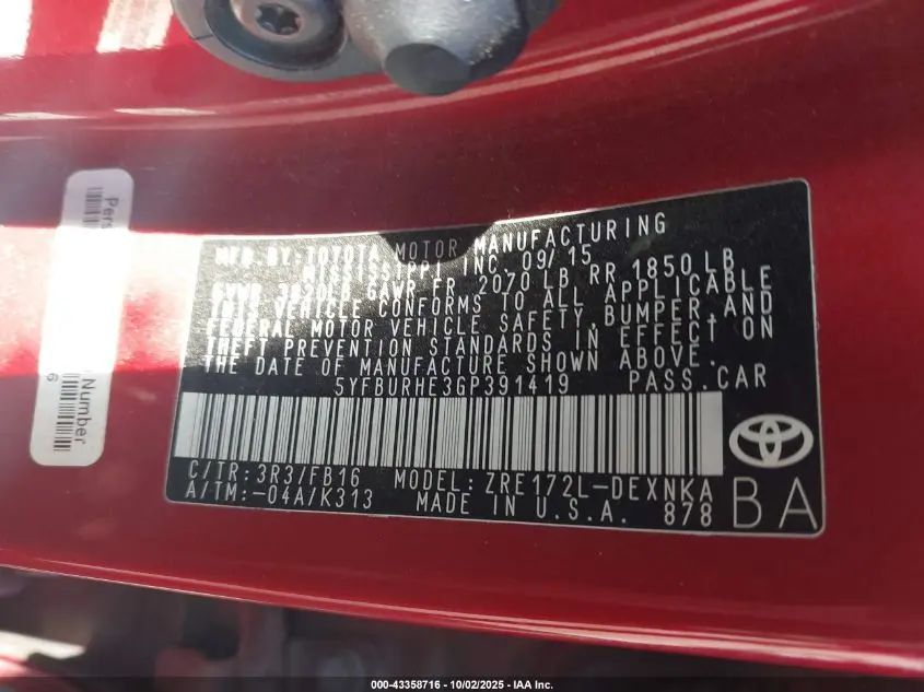 2016 TOYOTA COROLLA LE