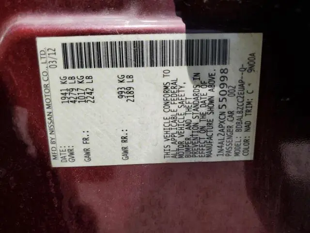 2012 NISSAN ALTIMA BASE  