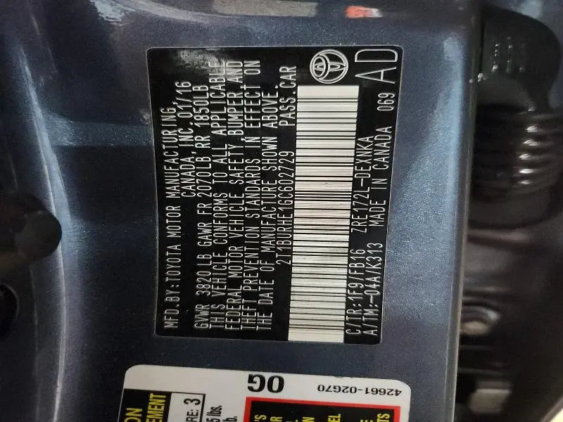 2016 TOYOTA COROLLA L  