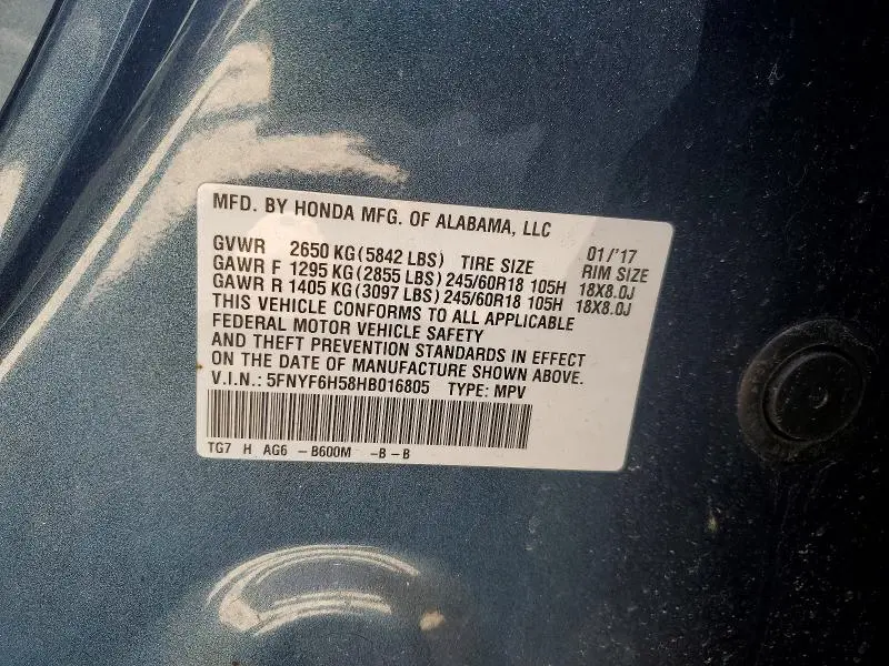 2017 HONDA PILOT EXL  