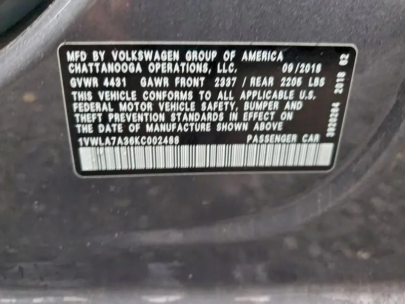 2019 VOLKSWAGEN PASSAT WOLFSBURG  