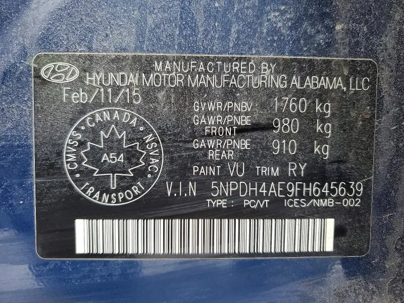 2015 HYUNDAI ELANTRA SE  