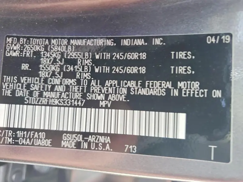 2019 TOYOTA HIGHLANDER LE PLUS  