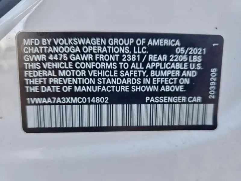 2021 VOLKSWAGEN PASSAT S  