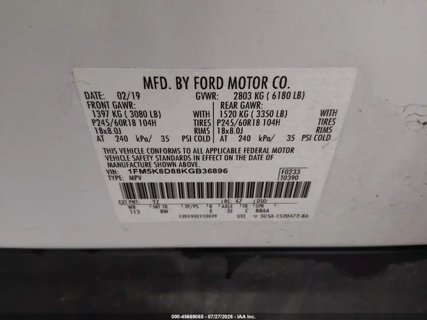 2019 FORD EXPLORER XLT