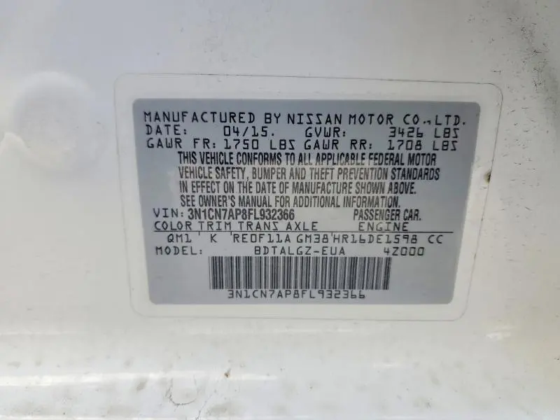 2015 NISSAN VERSA 1.6 SL  