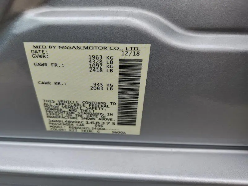 2019 NISSAN ALTIMA S  