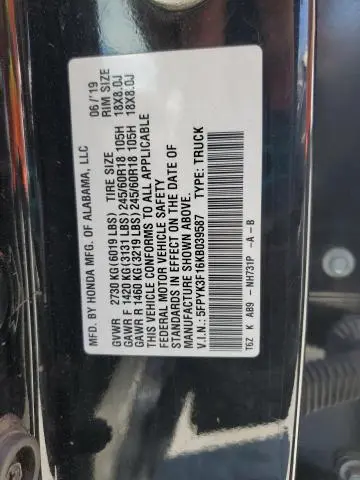 2019 HONDA RIDGELINE SPORT  