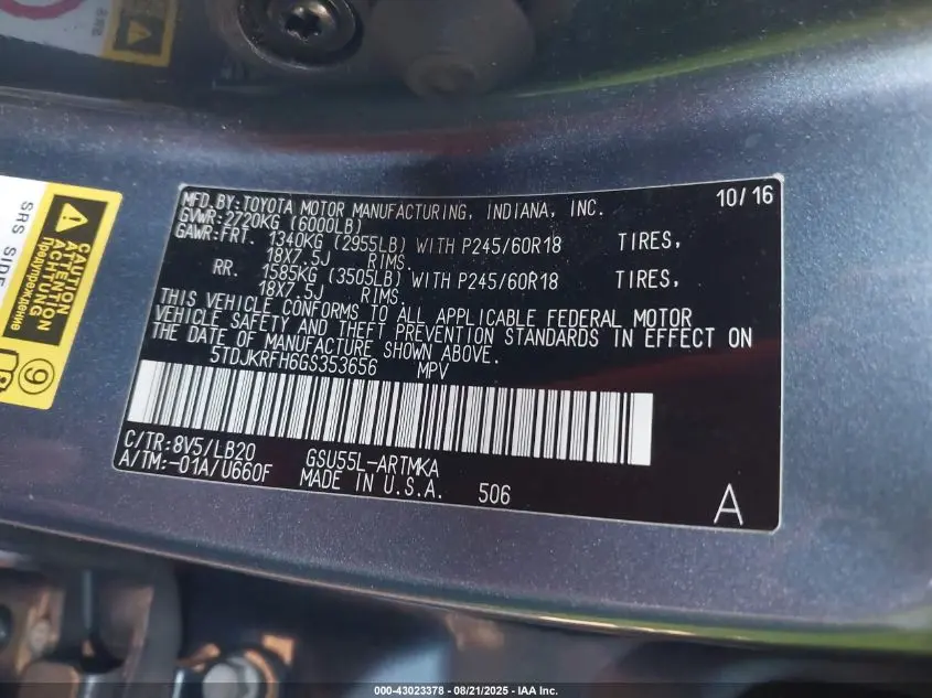 2016 TOYOTA HIGHLANDER XLE V6