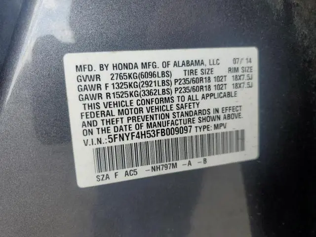 2015 HONDA PILOT EXL  