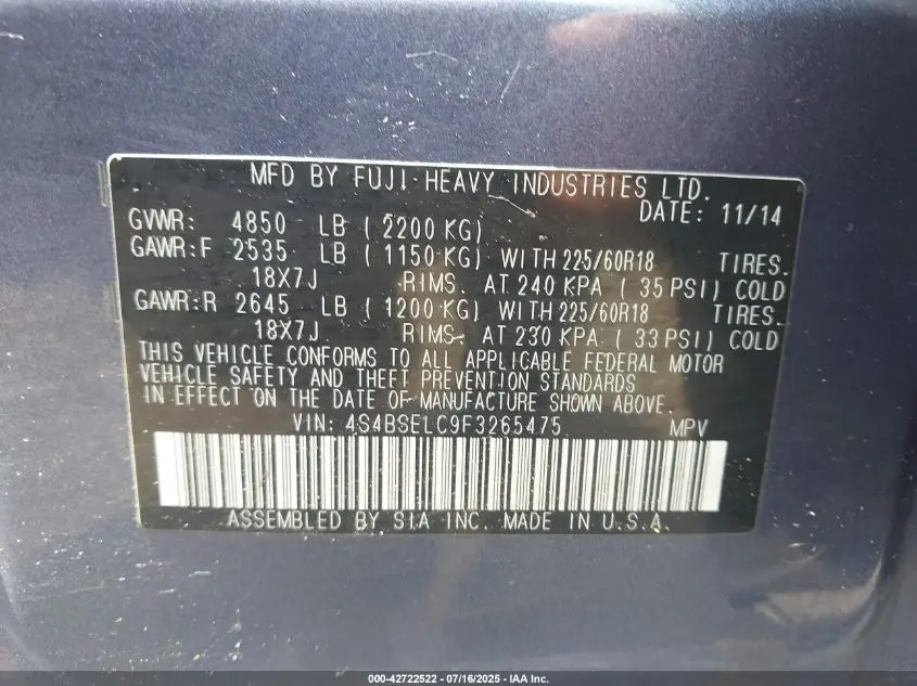 2015 SUBARU OUTBACK 3.6R LIMITED