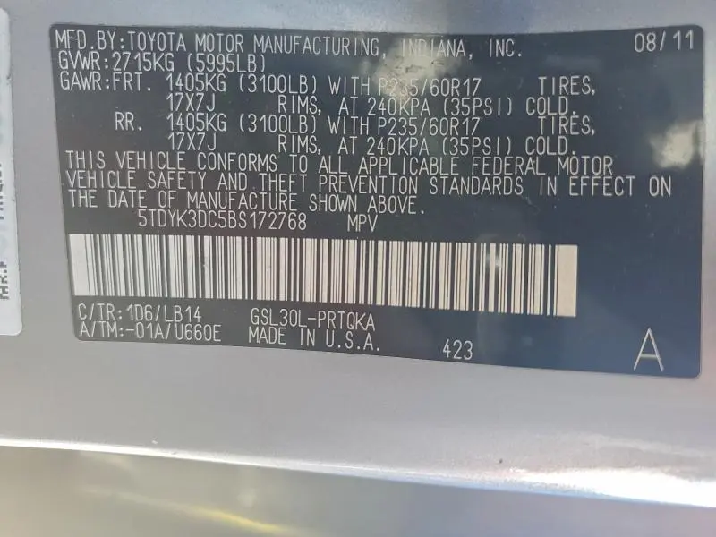 2011 TOYOTA SIENNA XLE  