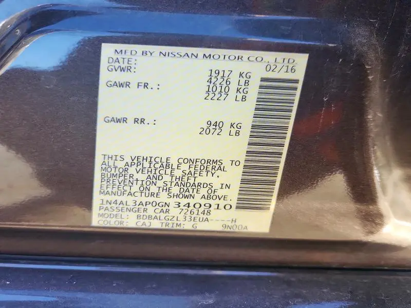 2016 NISSAN ALTIMA 2.5 S  