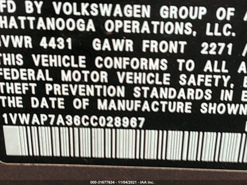 2012 VOLKSWAGEN PASSAT S
