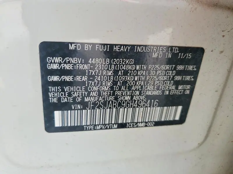 2016 SUBARU FORESTER 2.5I  
