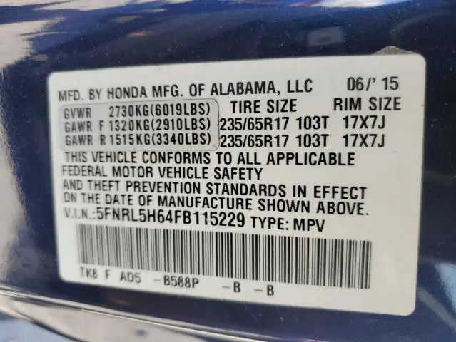 2015 HONDA ODYSSEY EXL  