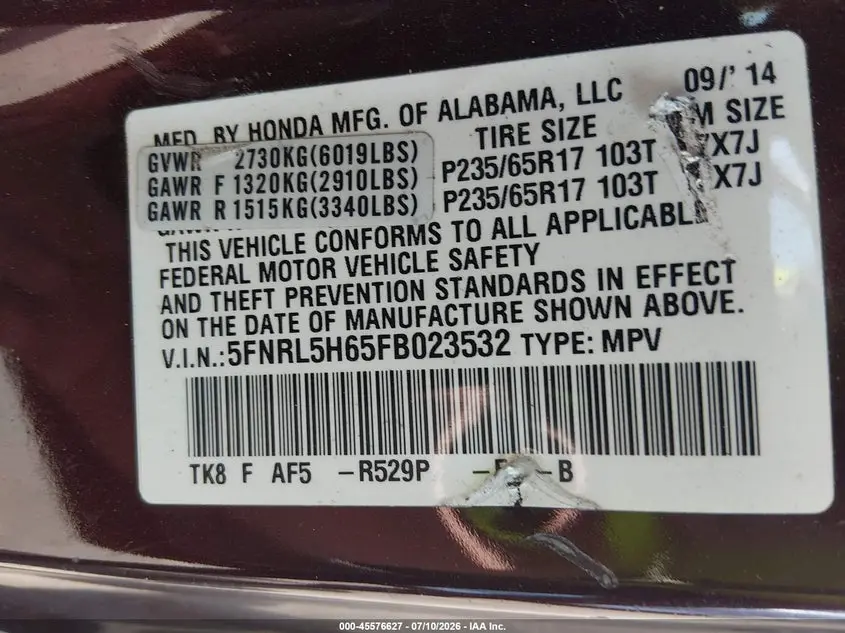 2015 HONDA ODYSSEY EX-L