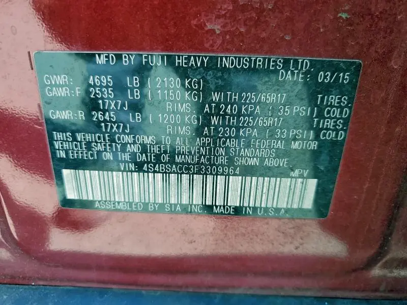 2015 SUBARU OUTBACK 2.5I PREMIUM  