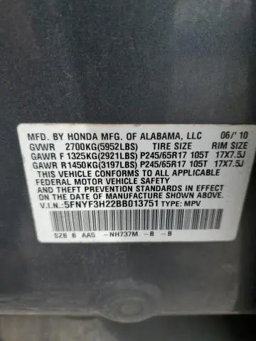 2011 HONDA PILOT LX  