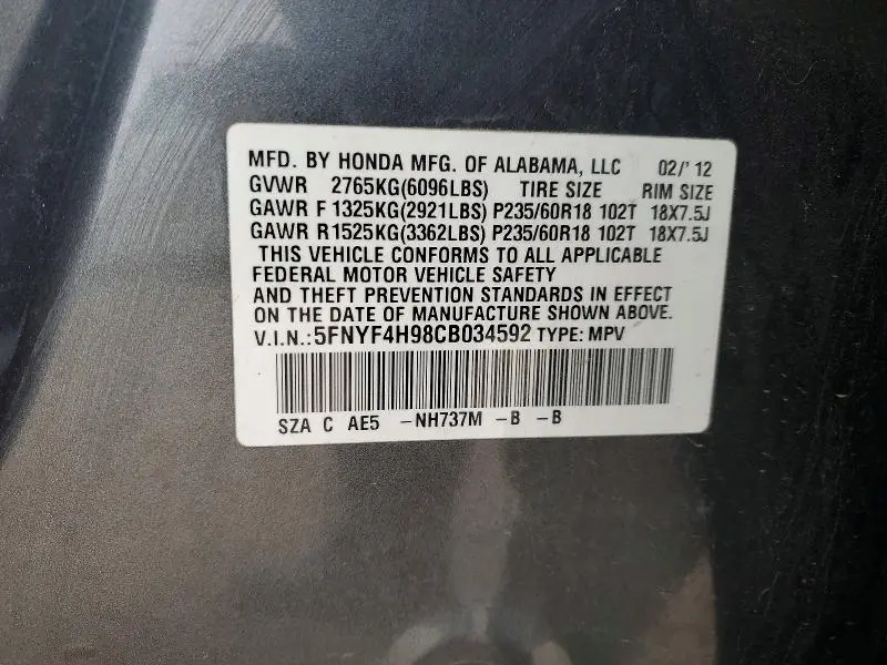 2012 HONDA PILOT TOURING  