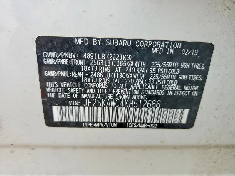 2019 SUBARU FORESTER TOURING  