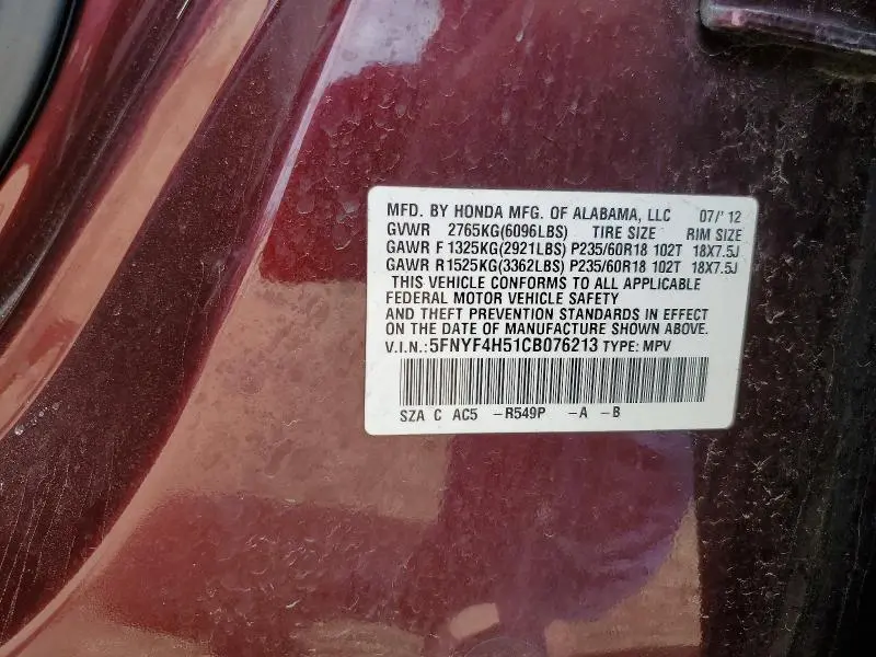 2012 HONDA PILOT EXL  