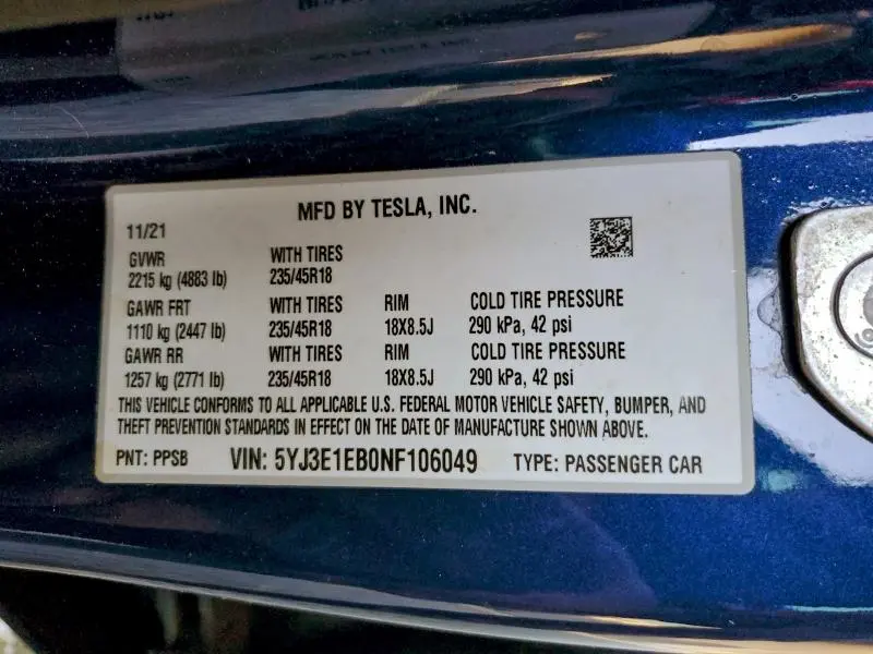 2022 TESLA MODEL 3   
