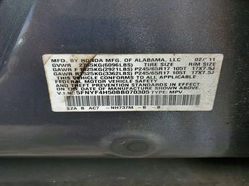 2011 HONDA PILOT EXL  