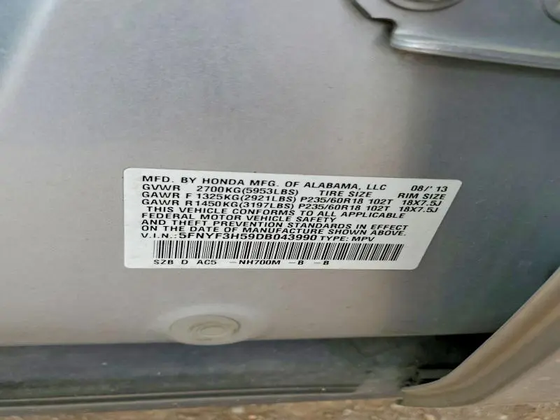2013 HONDA PILOT EXL  